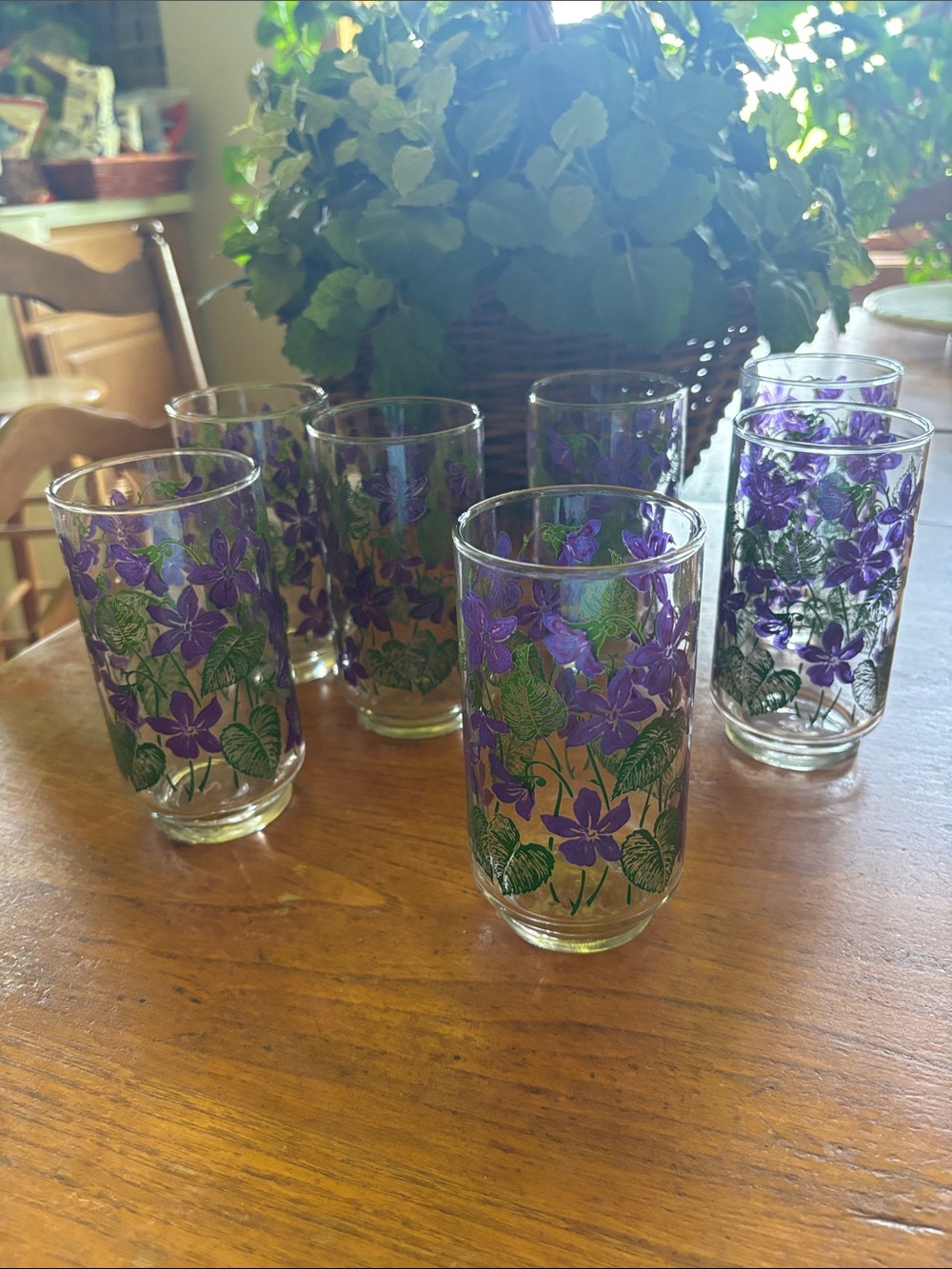 Vintage Libbey Glass lot of (7) Floral Violet Print 14oz  Drinking Glasses